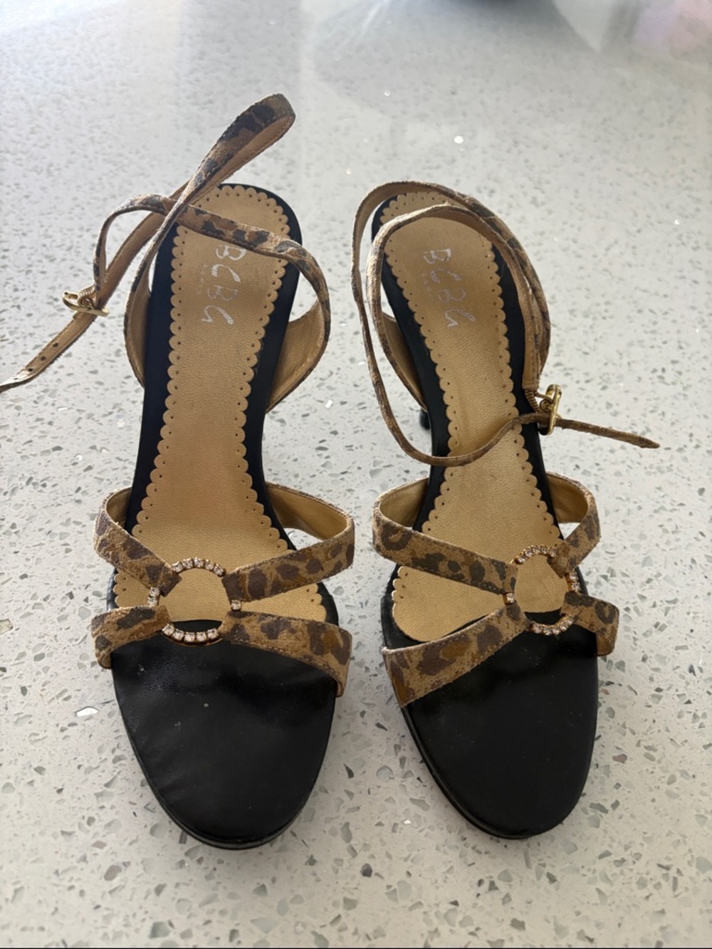 BCBG Leopard Print Ankle-Tie Heels with Rhinestone Ring